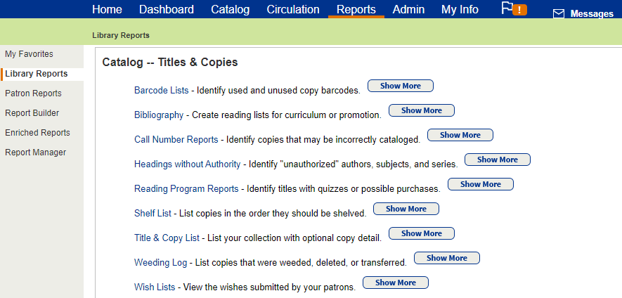 Library Reports page, Catalog, Titles and Copies section.